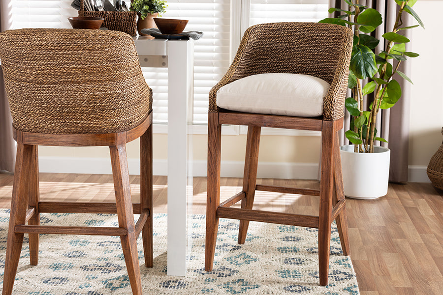bali & pari Jasper Seagrass Bar Stool with Mahogany Wood Frame - Coastal Seating with Woven Wingback and Cushioned Seat for Bar Island or Lounge, Brown Wash