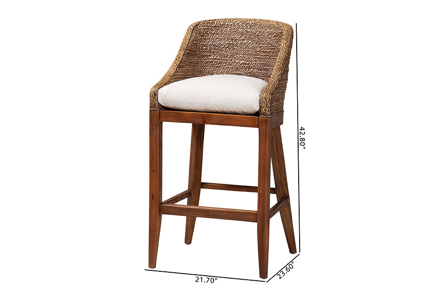 bali & pari Jasper Seagrass Bar Stool with Mahogany Wood Frame - Coastal Seating with Woven Wingback and Cushioned Seat for Bar Island or Lounge, Brown Wash