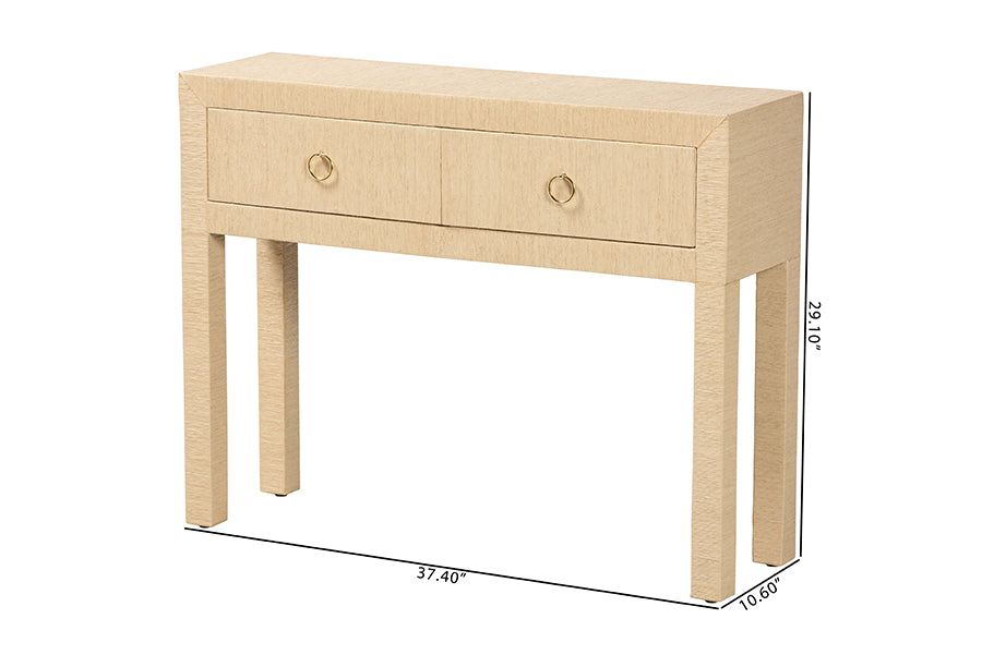 bali & pari Noah Grasscloth 2-Drawer Console Table - Woven Texture Entryway Table with Gold Ring Pulls, Narrow Hallway or Living Room Accent Table, Light Brown