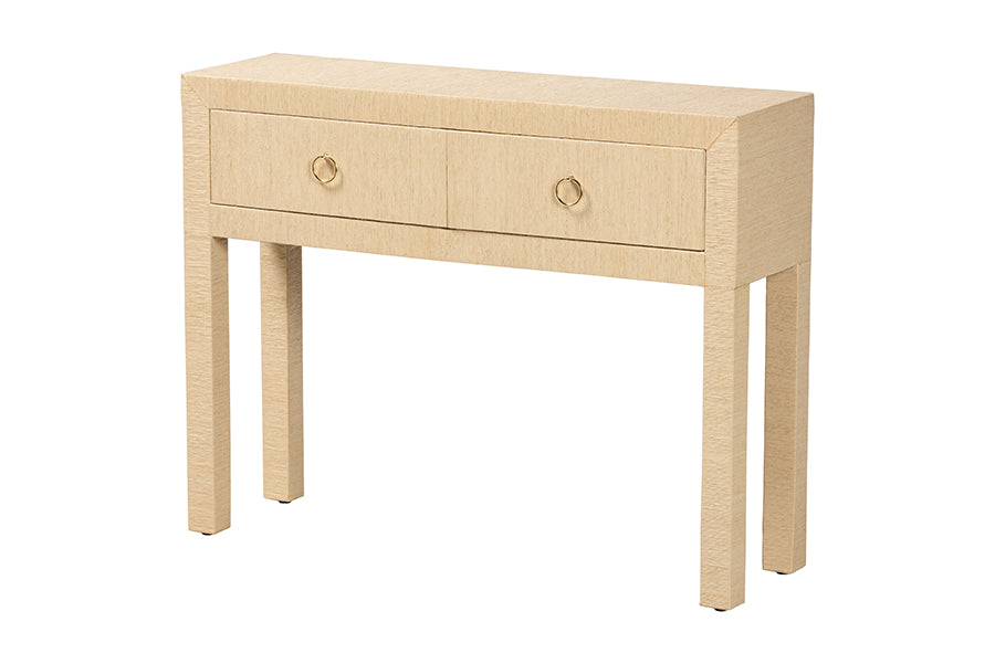 bali & pari Noah Grasscloth 2-Drawer Console Table - Woven Texture Entryway Table with Gold Ring Pulls, Narrow Hallway or Living Room Accent Table, Light Brown