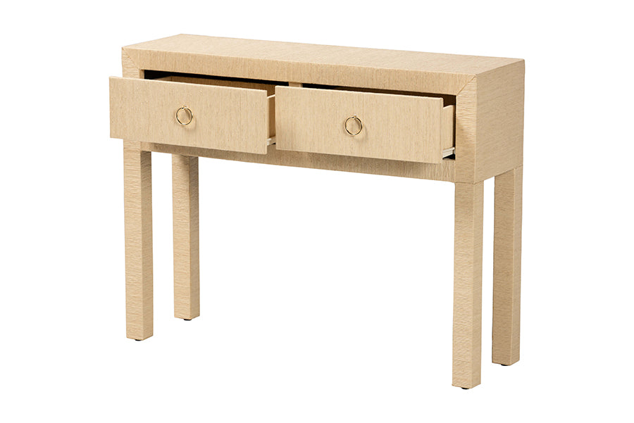 bali & pari Noah Grasscloth 2-Drawer Console Table - Woven Texture Entryway Table with Gold Ring Pulls, Narrow Hallway or Living Room Accent Table, Light Brown