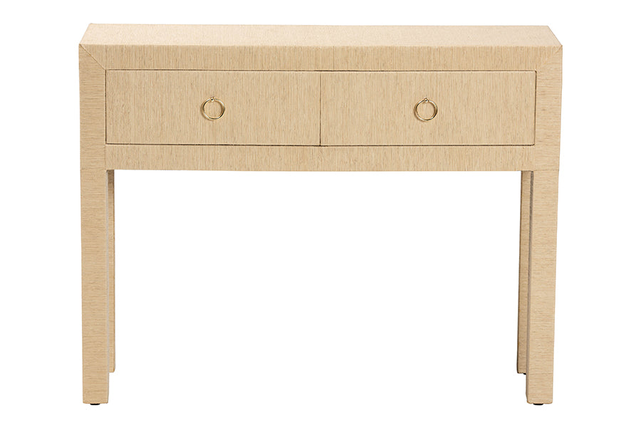 bali & pari Noah Grasscloth 2-Drawer Console Table - Woven Texture Entryway Table with Gold Ring Pulls, Narrow Hallway or Living Room Accent Table, Light Brown