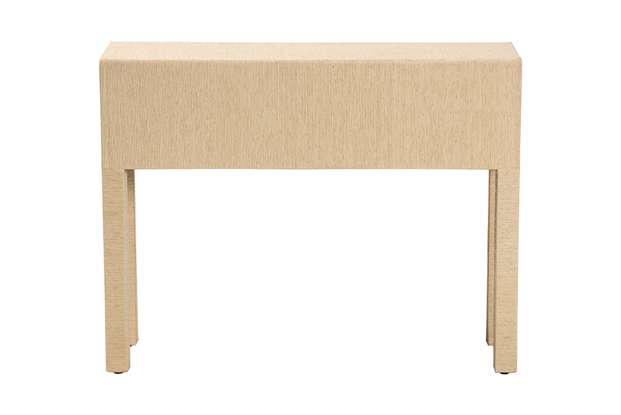 bali & pari Noah Grasscloth 2-Drawer Console Table - Woven Texture Entryway Table with Gold Ring Pulls, Narrow Hallway or Living Room Accent Table, Light Brown