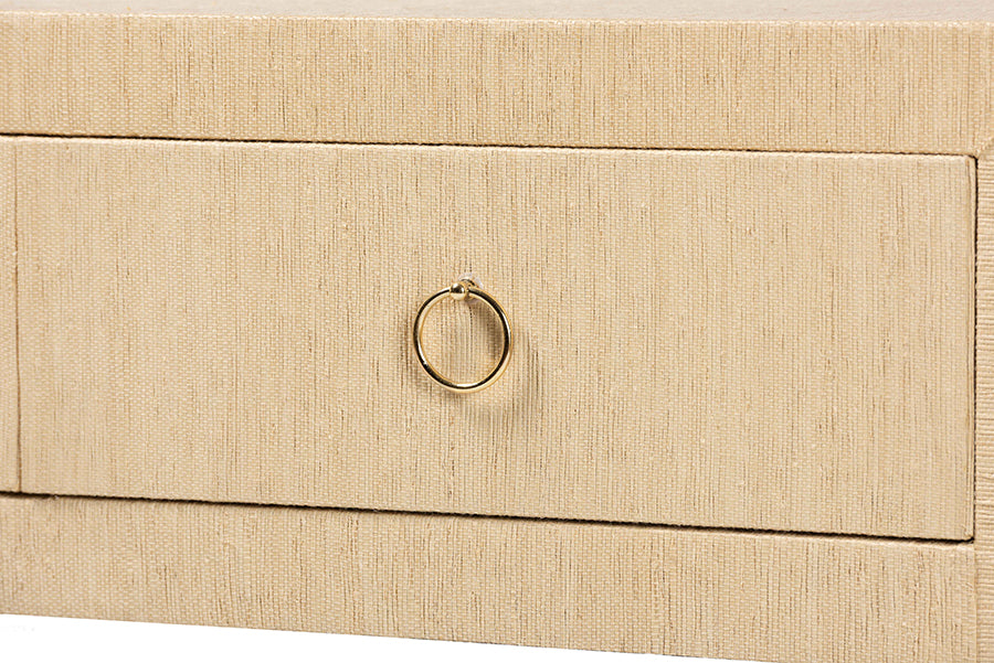 bali & pari Noah Grasscloth 2-Drawer Console Table - Woven Texture Entryway Table with Gold Ring Pulls, Narrow Hallway or Living Room Accent Table, Light Brown