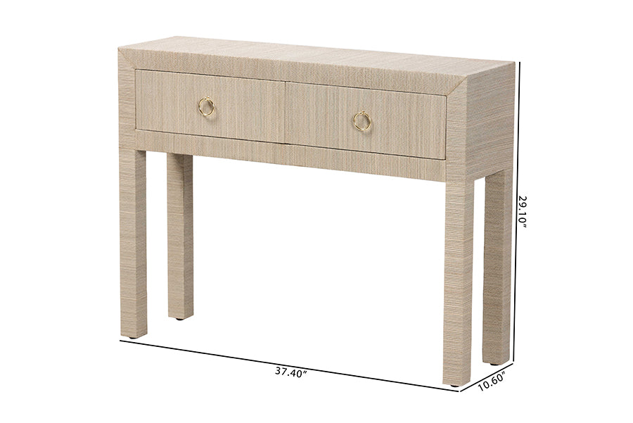 bali & pari Noah Grasscloth 2-Drawer Console Table - Woven Texture Entryway Table with Gold Ring Pulls, Narrow Hallway or Living Room Accent Table, Beige