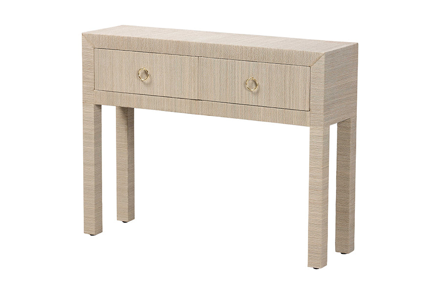 bali & pari Noah Grasscloth 2-Drawer Console Table - Woven Texture Entryway Table with Gold Ring Pulls, Narrow Hallway or Living Room Accent Table, Beige