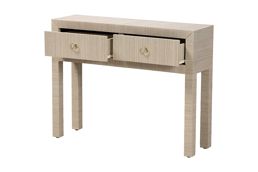 bali & pari Noah Grasscloth 2-Drawer Console Table - Woven Texture Entryway Table with Gold Ring Pulls, Narrow Hallway or Living Room Accent Table, Beige