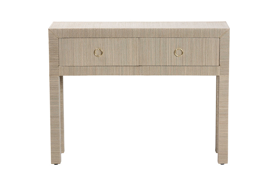 bali & pari Noah Grasscloth 2-Drawer Console Table - Woven Texture Entryway Table with Gold Ring Pulls, Narrow Hallway or Living Room Accent Table, Beige