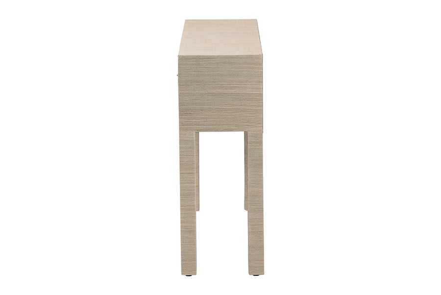 bali & pari Noah Grasscloth 2-Drawer Console Table - Woven Texture Entryway Table with Gold Ring Pulls, Narrow Hallway or Living Room Accent Table, Beige