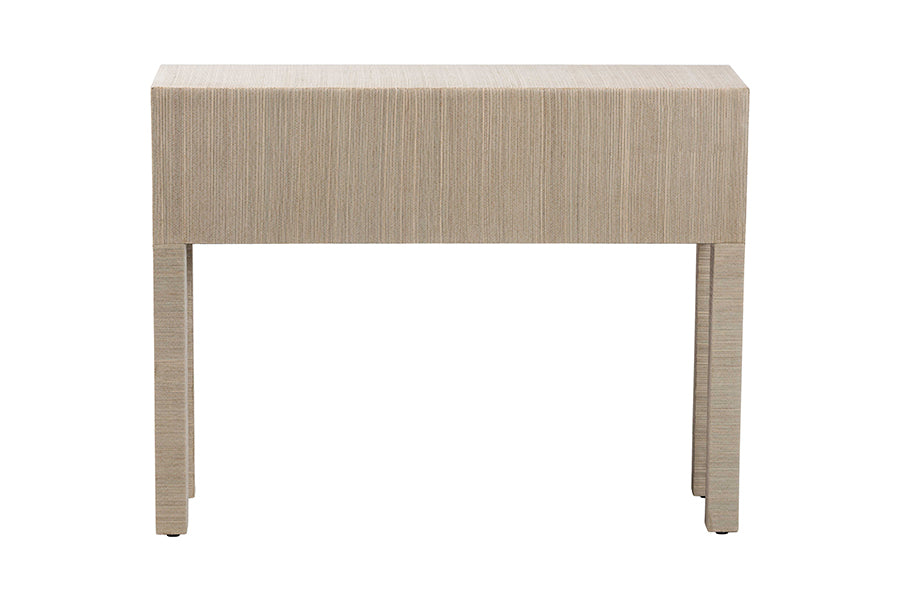 bali & pari Noah Grasscloth 2-Drawer Console Table - Woven Texture Entryway Table with Gold Ring Pulls, Narrow Hallway or Living Room Accent Table, Beige