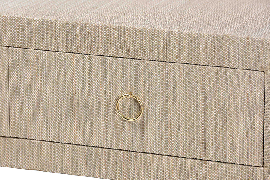 bali & pari Noah Grasscloth 2-Drawer Console Table - Woven Texture Entryway Table with Gold Ring Pulls, Narrow Hallway or Living Room Accent Table, Beige