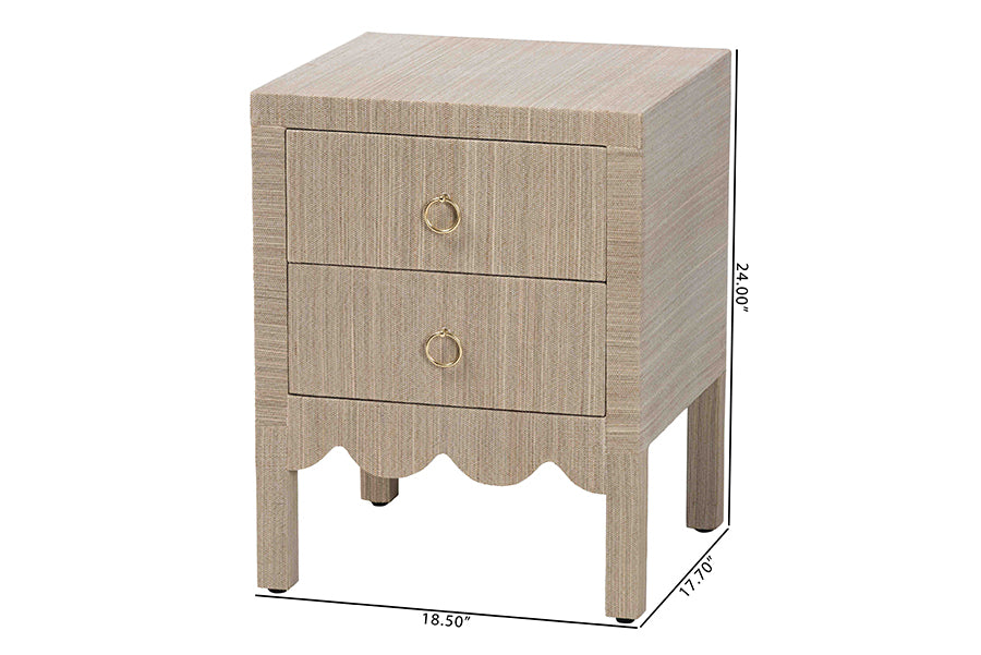 bali & pari Juniper Grasscloth Nightstand with Scalloped Base - Woven Texture 2-Drawer Bedside Table with Gold Ring Pulls, Accent Bedroom Storage Furniture
