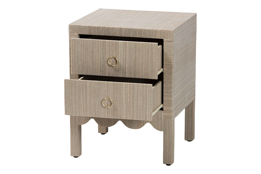 bali & pari Juniper Grasscloth Nightstand with Scalloped Base - Woven Texture 2-Drawer Bedside Table with Gold Ring Pulls, Accent Bedroom Storage Furniture