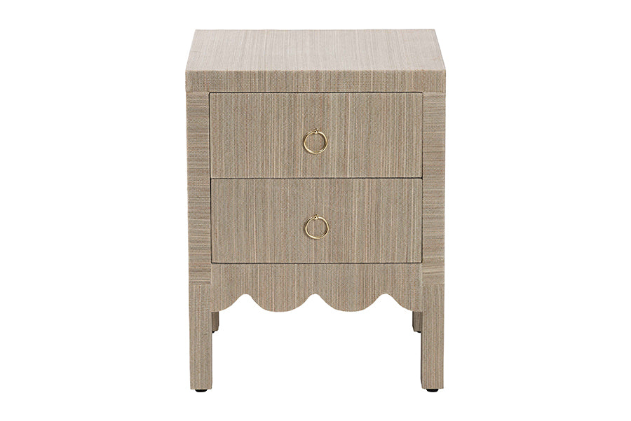 bali & pari Juniper Grasscloth Nightstand with Scalloped Base - Woven Texture 2-Drawer Bedside Table with Gold Ring Pulls, Accent Bedroom Storage Furniture