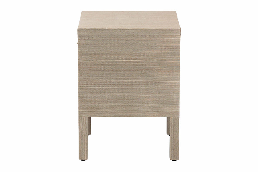 bali & pari Juniper Grasscloth Nightstand with Scalloped Base - Woven Texture 2-Drawer Bedside Table with Gold Ring Pulls, Accent Bedroom Storage Furniture