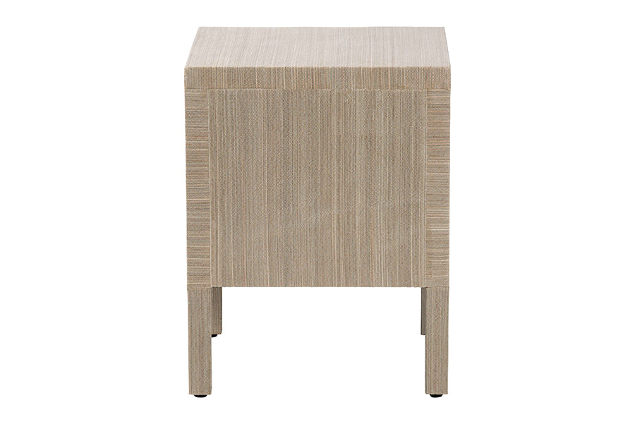 bali & pari Juniper Grasscloth Nightstand with Scalloped Base - Woven Texture 2-Drawer Bedside Table with Gold Ring Pulls, Accent Bedroom Storage Furniture