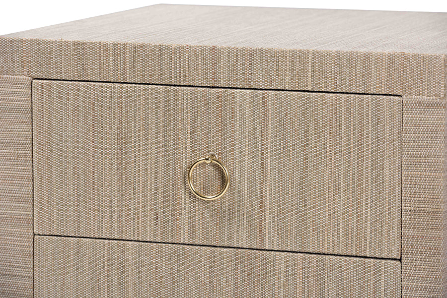 bali & pari Juniper Grasscloth Nightstand with Scalloped Base - Woven Texture 2-Drawer Bedside Table with Gold Ring Pulls, Accent Bedroom Storage Furniture