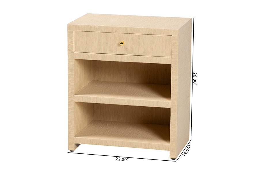 bali & pari William Grasscloth 1-Drawer Nightstand with Open Shelves - Woven Texture Bedside Table with Gold Knob, Modern Coastal Accent Table for Bedroom