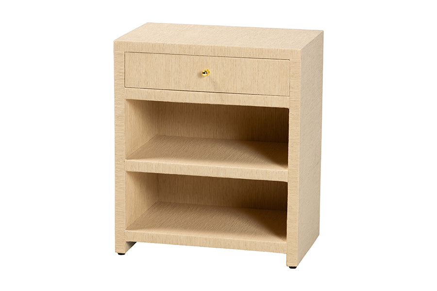 bali & pari William Grasscloth 1-Drawer Nightstand with Open Shelves - Woven Texture Bedside Table with Gold Knob, Modern Coastal Accent Table for Bedroom
