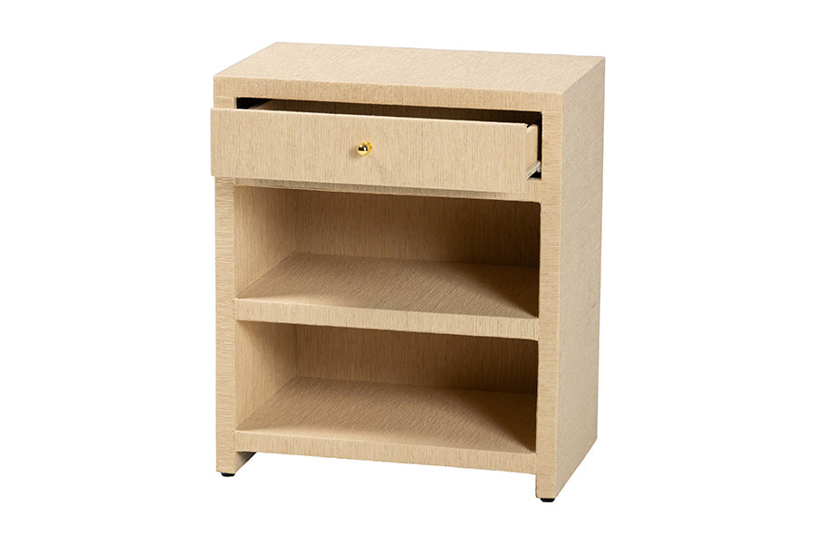 bali & pari William Grasscloth 1-Drawer Nightstand with Open Shelves - Woven Texture Bedside Table with Gold Knob, Modern Coastal Accent Table for Bedroom