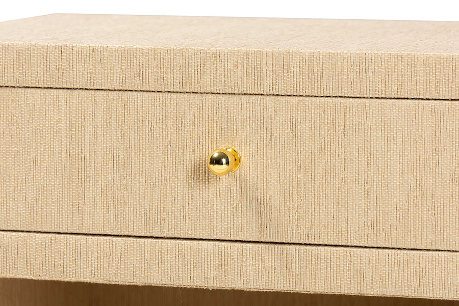 bali & pari William Grasscloth 1-Drawer Nightstand with Open Shelves - Woven Texture Bedside Table with Gold Knob, Modern Coastal Accent Table for Bedroom