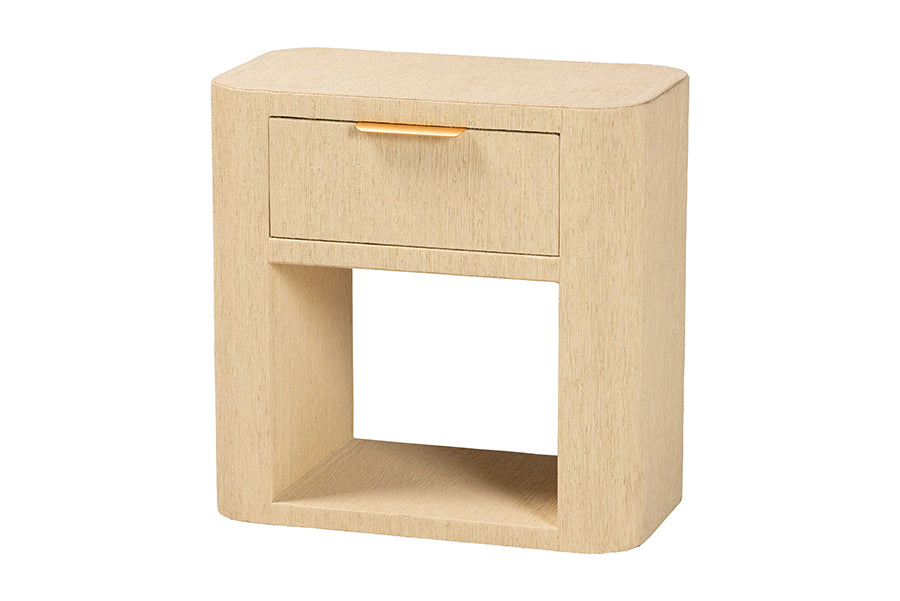 bali & pari Beauford Grasscloth 1-Drawer Nightstand with Open Shelf - Woven Texture Bedside Table with Rounded Corners and Gold Handle, Modern Coastal Accent Table for Bedroom or Living Room