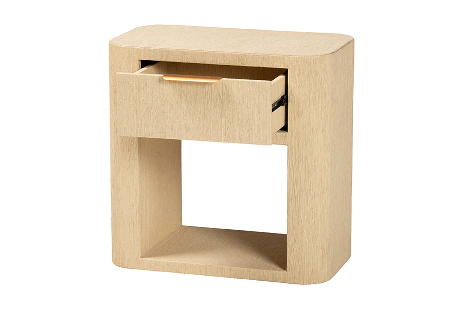 bali & pari Beauford Grasscloth 1-Drawer Nightstand with Open Shelf - Woven Texture Bedside Table with Rounded Corners and Gold Handle, Modern Coastal Accent Table for Bedroom or Living Room