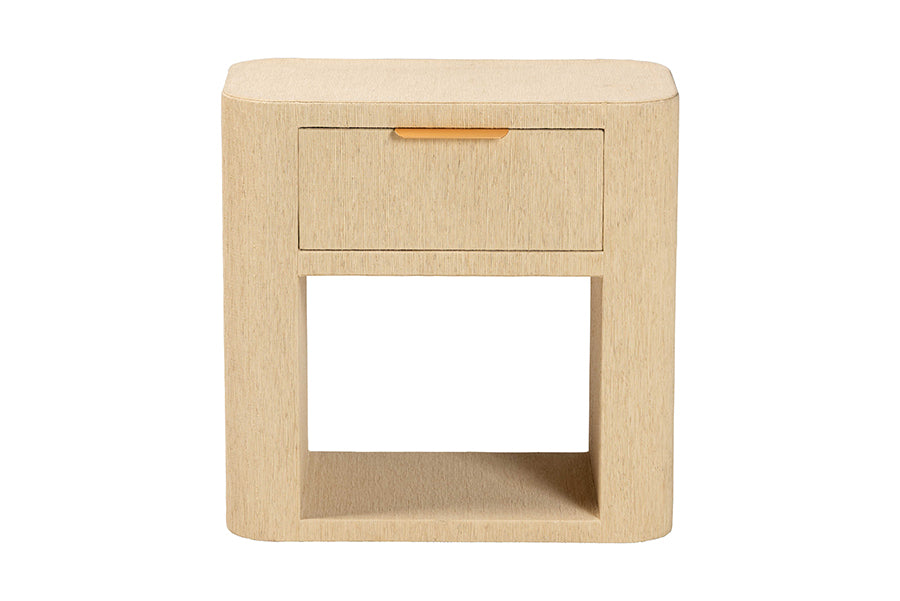 bali & pari Beauford Grasscloth 1-Drawer Nightstand with Open Shelf - Woven Texture Bedside Table with Rounded Corners and Gold Handle, Modern Coastal Accent Table for Bedroom or Living Room