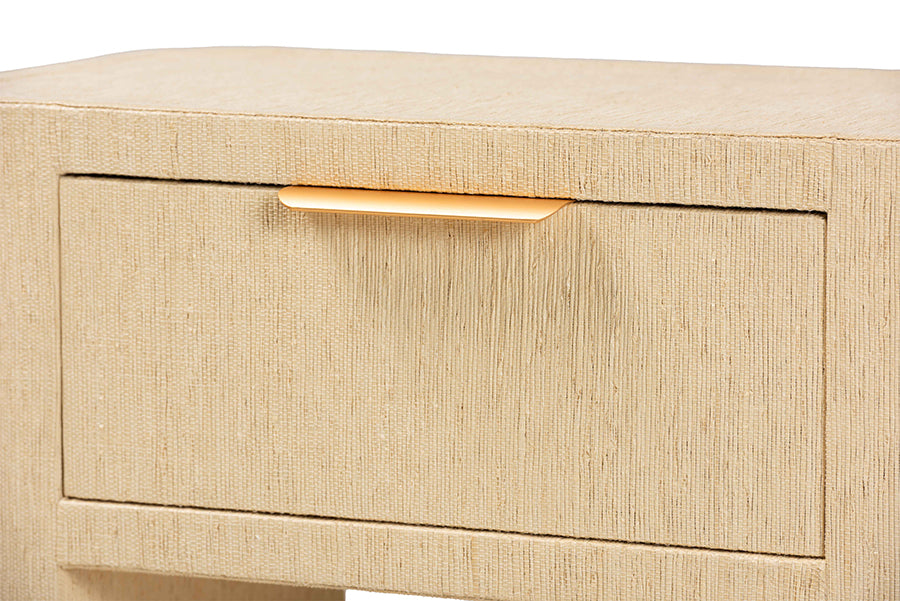 bali & pari Beauford Grasscloth 1-Drawer Nightstand with Open Shelf - Woven Texture Bedside Table with Rounded Corners and Gold Handle, Modern Coastal Accent Table for Bedroom or Living Room
