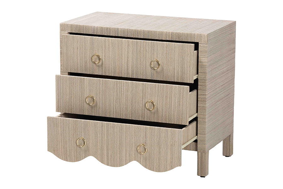 bali & pari Umika Grasscloth Nightstand with Scalloped Base - 3-Drawer Accent Chest with Gold Ring Pulls, Bedroom Storage Table or Side Cabinet