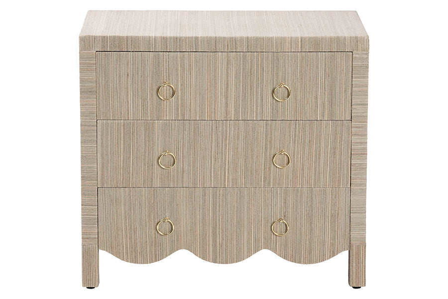 bali & pari Umika Grasscloth Nightstand with Scalloped Base - 3-Drawer Accent Chest with Gold Ring Pulls, Bedroom Storage Table or Side Cabinet