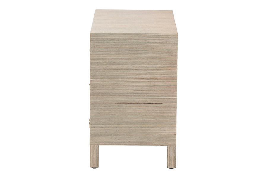 bali & pari Umika Grasscloth Nightstand with Scalloped Base - 3-Drawer Accent Chest with Gold Ring Pulls, Bedroom Storage Table or Side Cabinet