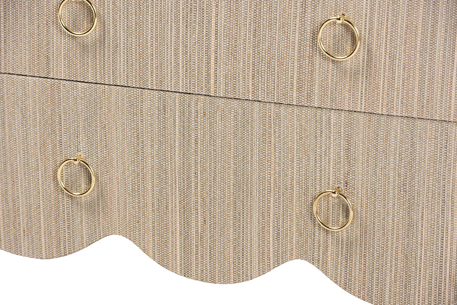bali & pari Umika Grasscloth Nightstand with Scalloped Base - 3-Drawer Accent Chest with Gold Ring Pulls, Bedroom Storage Table or Side Cabinet