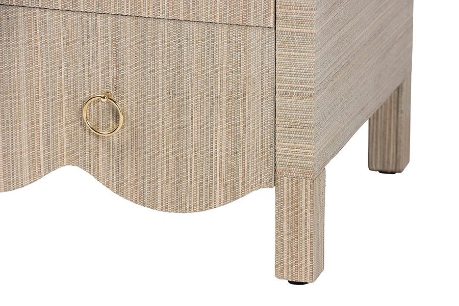 bali & pari Umika Grasscloth Nightstand with Scalloped Base - 3-Drawer Accent Chest with Gold Ring Pulls, Bedroom Storage Table or Side Cabinet