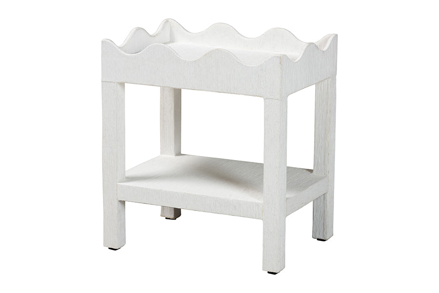 bali & pari Sebastian Grasscloth Scalloped End Table - 2-Tier Accent Table with Open Shelf Storage for Living Room, Bedroom, or Entryway, White