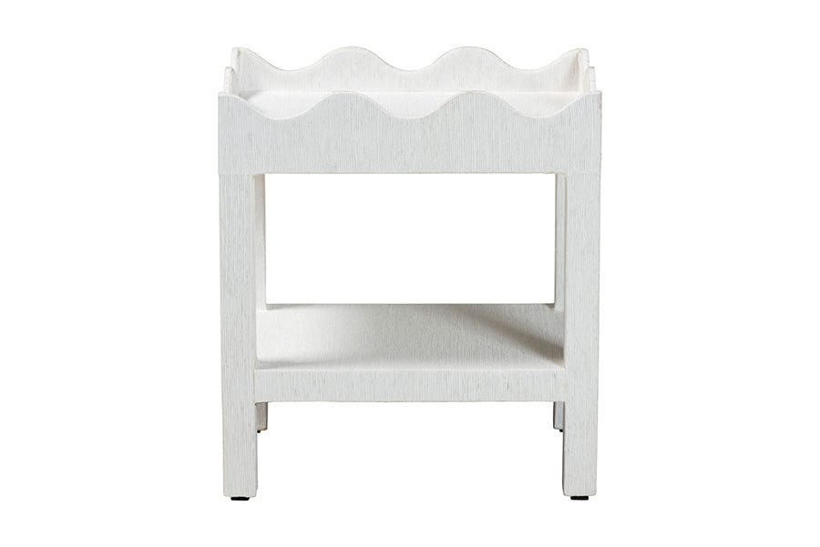 bali & pari Sebastian Grasscloth Scalloped End Table - 2-Tier Accent Table with Open Shelf Storage for Living Room, Bedroom, or Entryway, White