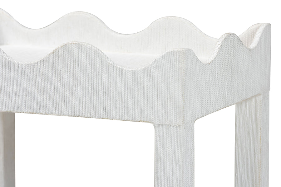 bali & pari Sebastian Grasscloth Scalloped End Table - 2-Tier Accent Table with Open Shelf Storage for Living Room, Bedroom, or Entryway, White