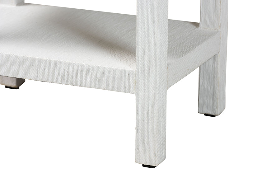 bali & pari Sebastian Grasscloth Scalloped End Table - 2-Tier Accent Table with Open Shelf Storage for Living Room, Bedroom, or Entryway, White