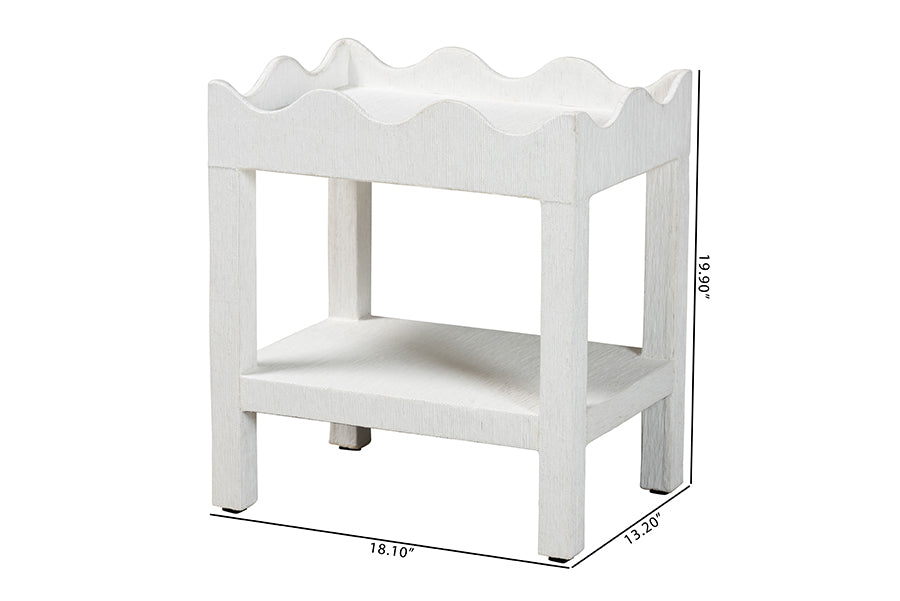bali & pari Sebastian Grasscloth Scalloped End Table - 2-Tier Accent Table with Open Shelf Storage for Living Room, Bedroom, or Entryway, White