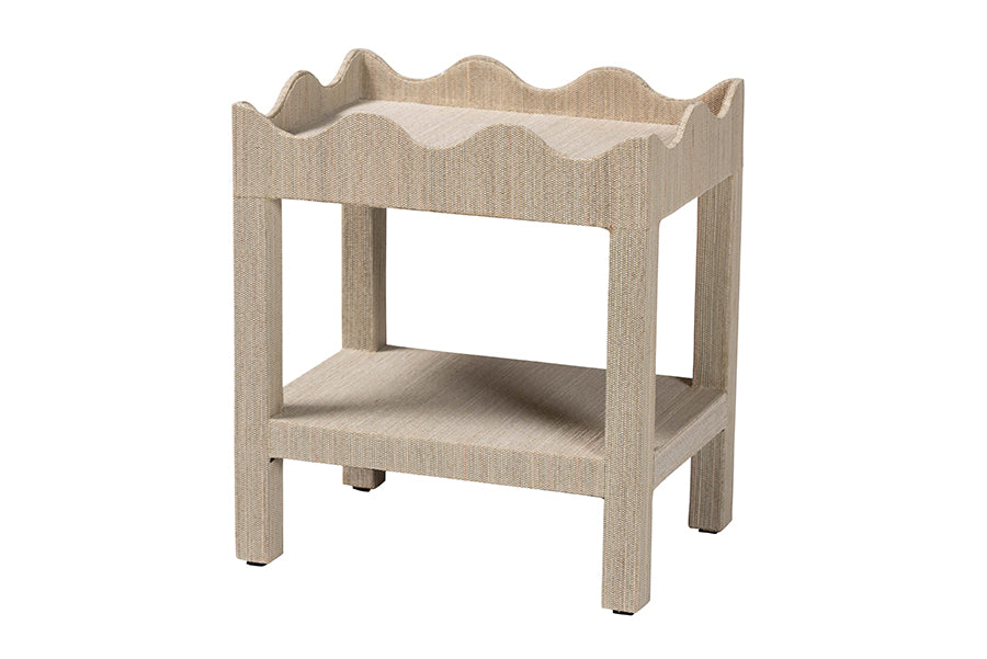 bali & pari Sebastian Grasscloth Scalloped End Table - 2-Tier Accent Table with Open Shelf Storage for Living Room, Bedroom, or Entryway, Beige