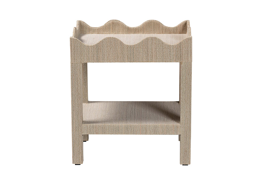 bali & pari Sebastian Grasscloth Scalloped End Table - 2-Tier Accent Table with Open Shelf Storage for Living Room, Bedroom, or Entryway, Beige