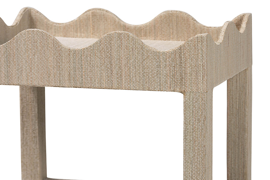 bali & pari Sebastian Grasscloth Scalloped End Table - 2-Tier Accent Table with Open Shelf Storage for Living Room, Bedroom, or Entryway, Beige