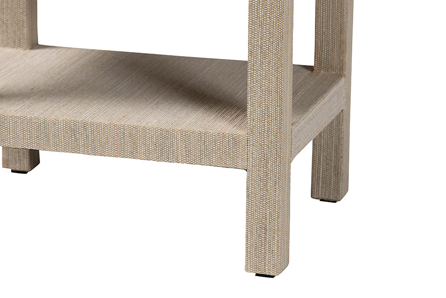 bali & pari Sebastian Grasscloth Scalloped End Table - 2-Tier Accent Table with Open Shelf Storage for Living Room, Bedroom, or Entryway, Beige