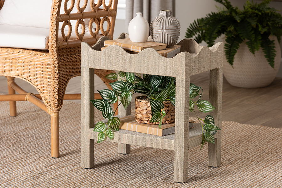 bali & pari Sebastian Grasscloth Scalloped End Table - 2-Tier Accent Table with Open Shelf Storage for Living Room, Bedroom, or Entryway, Beige