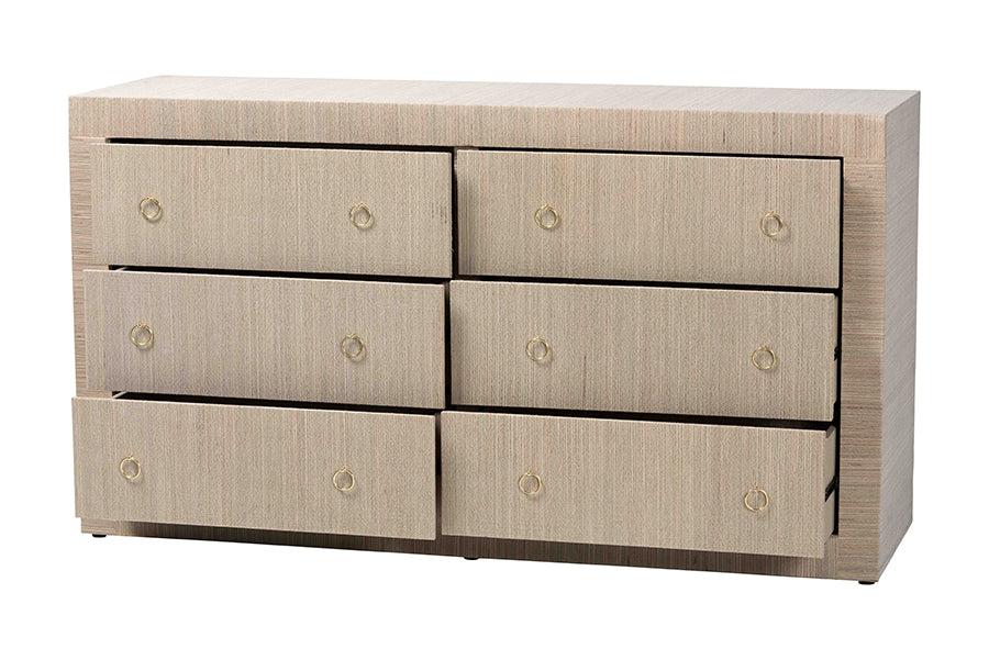 bali & pari Sage Natural Grasscloth Dresser - 6-Drawer Bedroom Storage Cabinet with Gold Ring Pulls, Modern Coastal Chest of Drawers