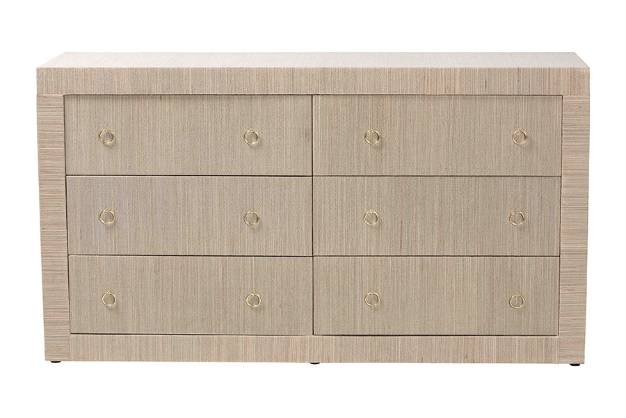bali & pari Sage Natural Grasscloth Dresser - 6-Drawer Bedroom Storage Cabinet with Gold Ring Pulls, Modern Coastal Chest of Drawers