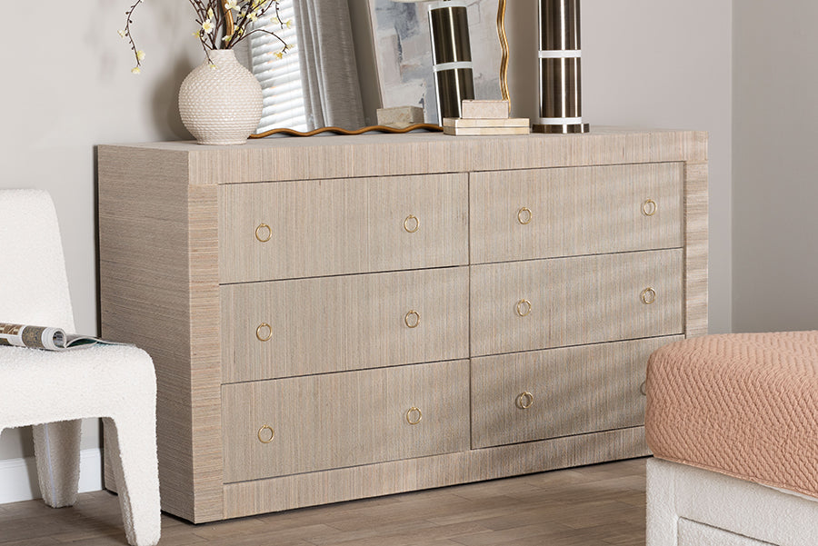 bali & pari Sage Natural Grasscloth Dresser - 6-Drawer Bedroom Storage Cabinet with Gold Ring Pulls, Modern Coastal Chest of Drawers