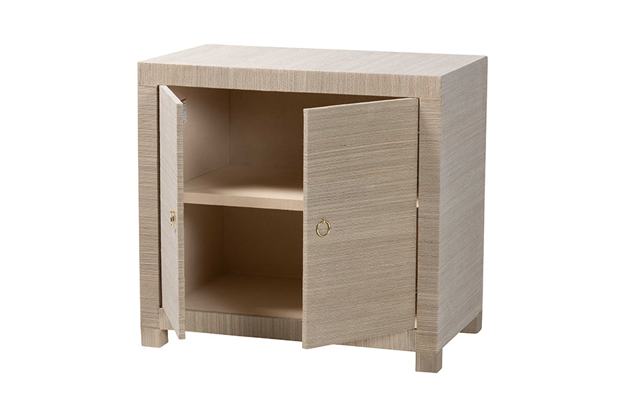 bali & pari Halen Natural Grasscloth Storage Cabinet - Two-Door Console Storage Solution with Gold Ring Pulls, Modern Coastal Organizer for Entryway, Living Room or Bedroom