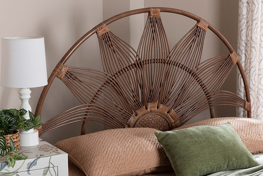 bali & pari Jasmine Natural Rattan Headboard with Sunburst Design - Boho Coastal Style Standalone Headboard, Light Brown, King