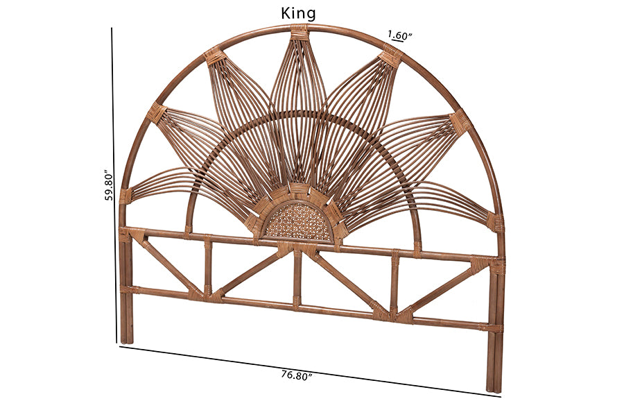 bali & pari Jasmine Natural Rattan Headboard with Sunburst Design - Boho Coastal Style Standalone Headboard, Light Brown, King